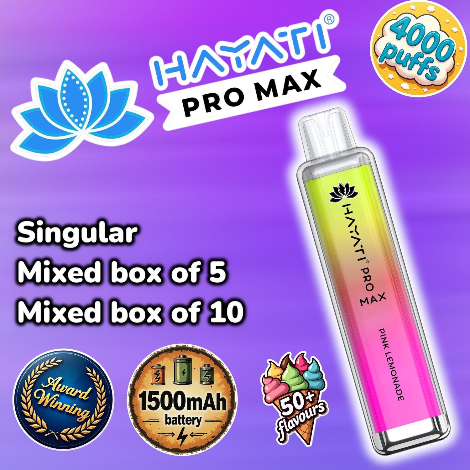 Hayati Pro Max disposable vape with 4000 puffs, one of the best vapes of the 21st century with over 50 flavours to pick from you can now put them into a mixed box of 5 or 10