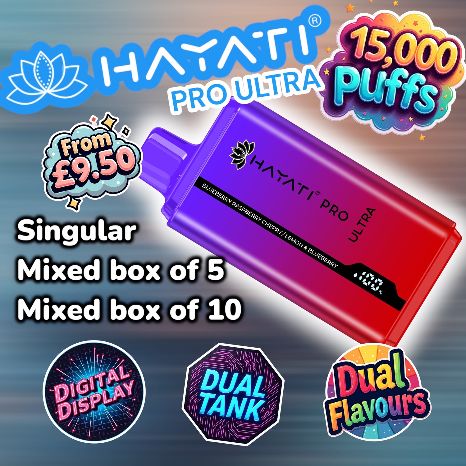 Hayati Pro Ultra disposable vape with over 15000 puffs and two switchable tanks, this vape comes with dual flavour options and a digital display. Know how much battery and juice you have left. Available as singular, mixed box of 5 and mixed box of 10