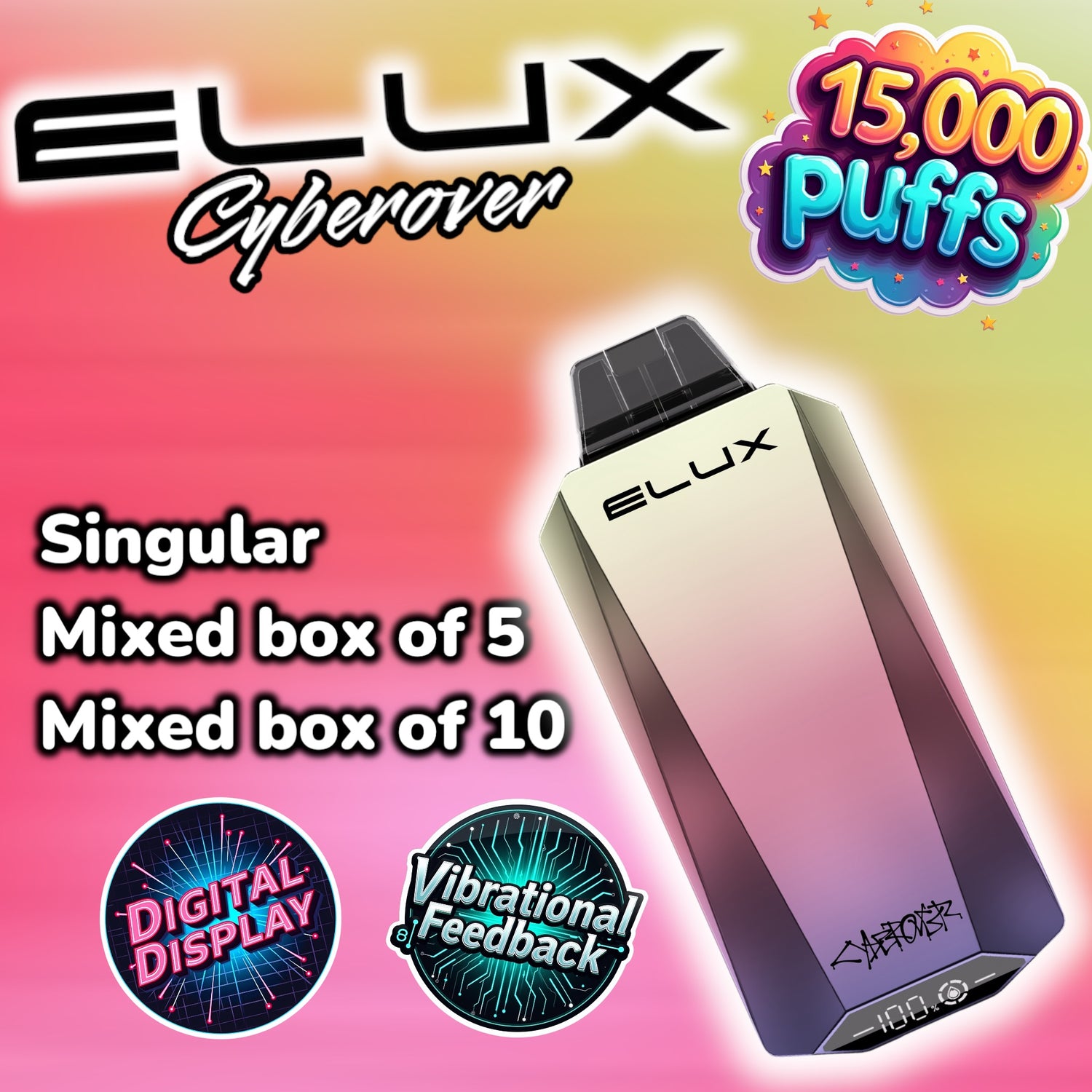 Elux cyberover 15,000 puff disposable vape available in the best selling elux flavours now with digital display and vibrational feedback!! Available as a singular vape, mixed box of 5 and mixed box of 10. 